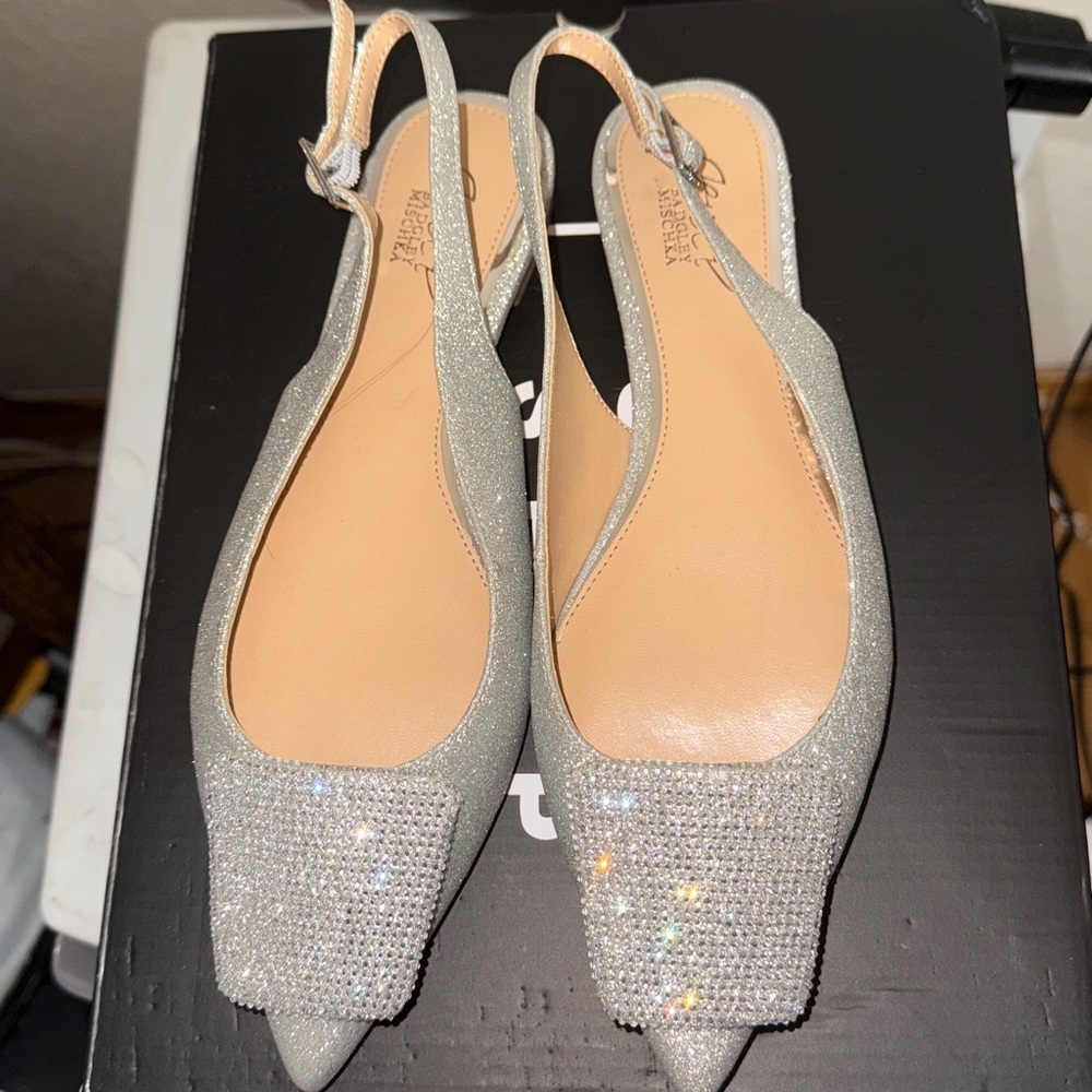 Jewel Badgley Mishka Silver Glitter Slingback Heels